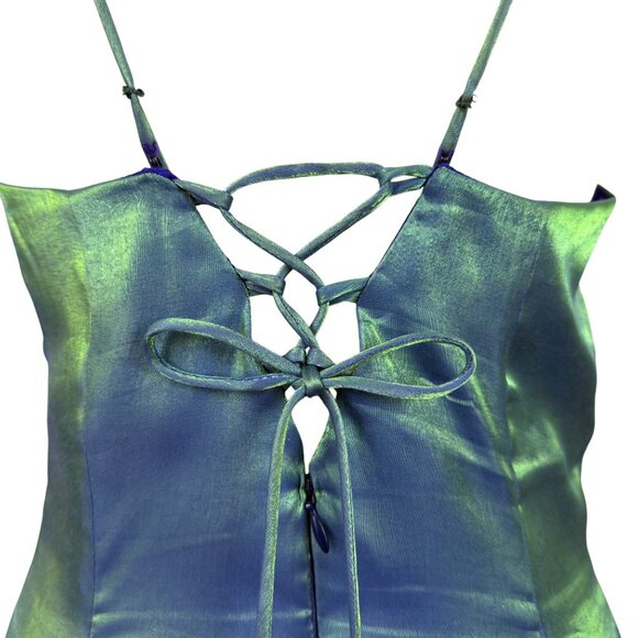 Nadine Green & Blue Iridescent Halter Maxi Dress Satin Back Tie Adjustable Sz 9 - Picture 7 of 11